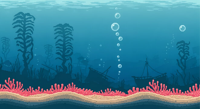 Underwater pixel art ocean floor featuring coral reef, kelp, and sunken shipwrecks, retro 8-bit game background, marine environment scene for Earth Day conservation themes.
