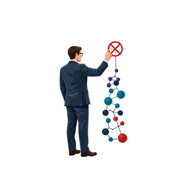 Businessman with glasses stopping a molecular chain reaction with a red prohibition sign.