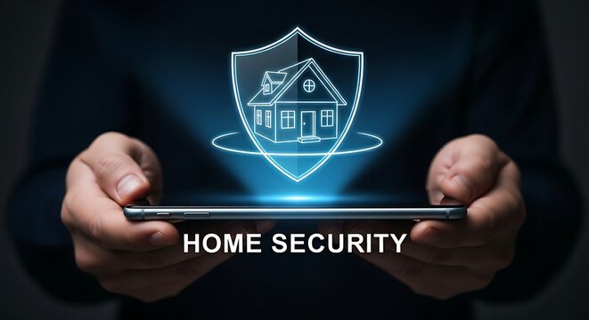 Smart home security concept. On a dark background, a professional's hands hold a smartphone projecting a hologram of a house with a shield around it.