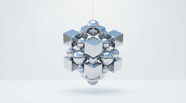 Abstract geometric sculpture of interconnected reflective spheres and cubes in minimal space