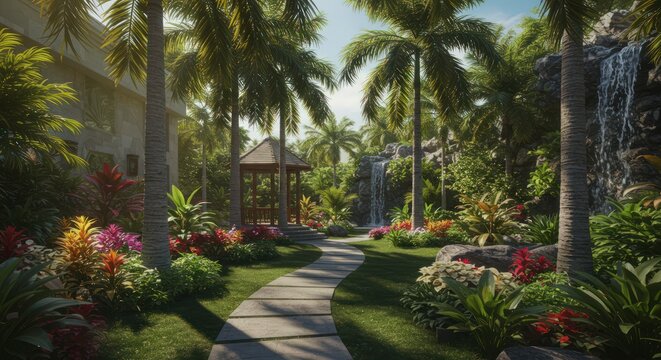 Tropical garden with palm trees.