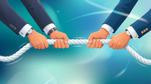 Businessmen competing in strategic tug of war concept with rope tension