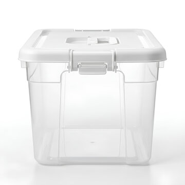 Clear plastic storage container with white lid and latch.