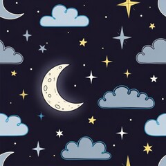 Naklejka premium Dreamy Night Sky Seamless Pattern with Crescent Moon, Clouds, and Twinkling Stars.