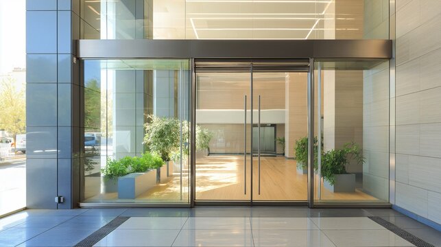 Modern glass office entrance with automatic doors and interior lobby