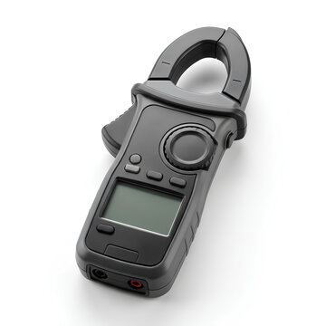 Closeup of a black clamp meter on a white background isolated.