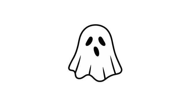 Minimalist black outline illustration of a spooky ghost with a wavy sheet hem and surprised facial expression featuring oval eyes and a round mouth on a solid white background.