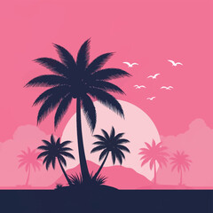 Obraz premium Tropical vector illustration featuring dark silhouettes of palm trees on a small island, set against a pink sunset sky with a large circular sun, flying birds, and layered mountain clouds.