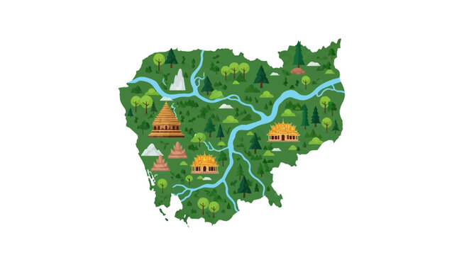Flat vector map of Cambodia featuring green landscape, blue rivers, and iconic landmarks like Angkor Wat and Royal Palace temples with diverse forest trees on white background.