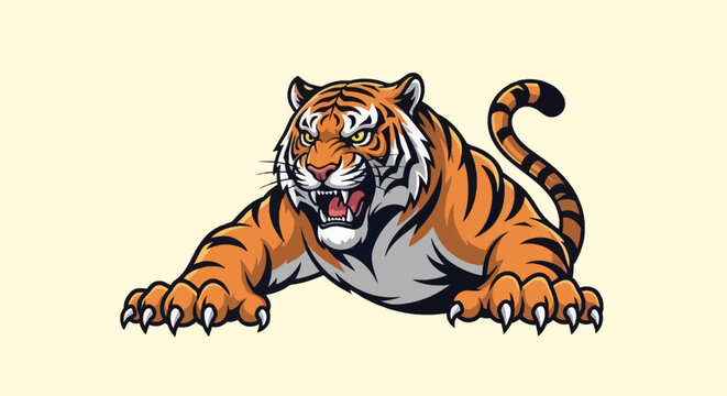 Angry tiger mascot vector illustration showing sharp teeth, extended claws, and an aggressive snarling expression in a crouching pose isolated on a light background.