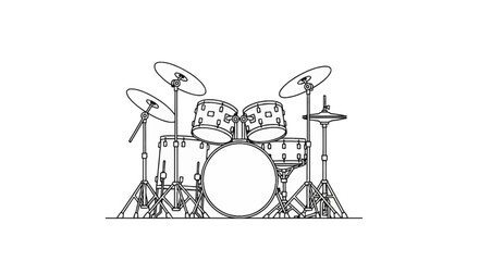 Fototapeta premium Minimalist black and white line art illustration of a professional drum kit featuring a bass drum, snare, floor tom, two rack toms, hi-hat, and three cymbals on a white background.