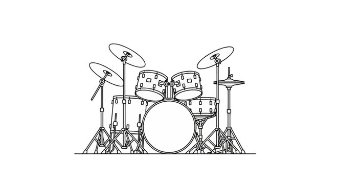 Minimalist black and white line art illustration of a professional drum kit featuring a bass drum, snare, floor tom, two rack toms, hi-hat, and three cymbals on a white background.