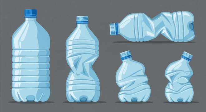 Collection of five blue plastic water bottles on a grey background including one intact bottle and four crushed or crumpled empty bottles in various sizes and orientations.