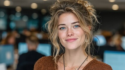 Fototapeta premium Portrait of a young woman with blonde hair and blue eyes smiling indoors