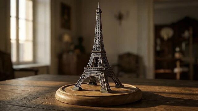 Cinematic 360 Degree Rotation of Miniature Metal Eiffel Tower Model on Wooden Table with Warm Golden Sunlight from Window, Realistic Bronze Souvenir Macro Shot.