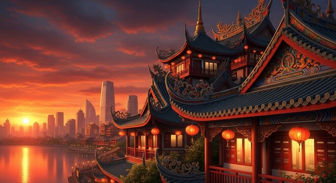 Asian architecture sunset
