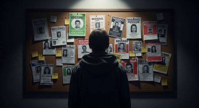 Man looking at missing persons board.