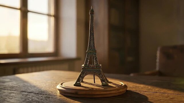 Cinematic 360 Degree Rotation of Miniature Metal Eiffel Tower Model on Wooden Table with Warm Golden Sunlight from Window, Realistic Bronze Souvenir Macro Shot.