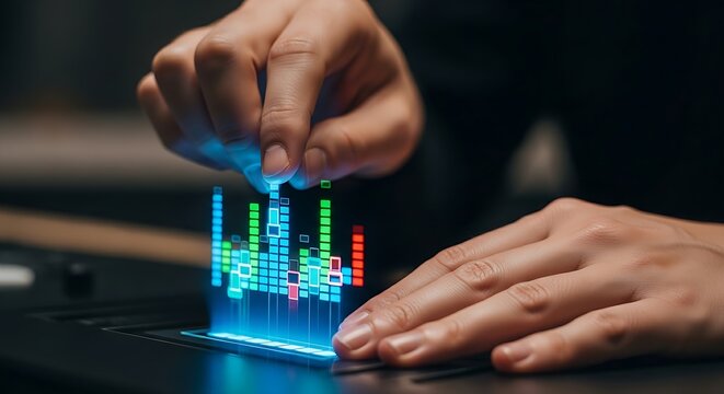 Fine-tuning and optimization concept. Close-up of hands interacting with a holographic sound equalizer, adjusting the bars to optimize a setting.