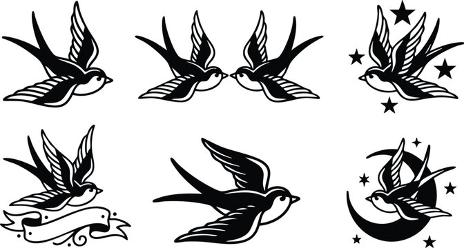 Black and white vintage swallow birds with stars and moon vector art