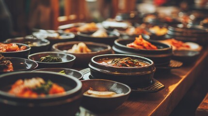 Fototapeta premium Traditional Korean Cuisine with Variety of Side Dishes on Table