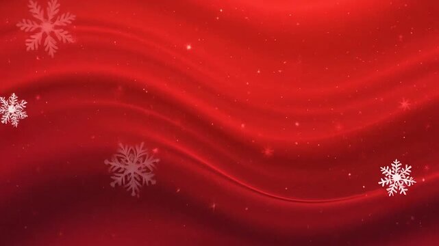 Elegant red flowing fabric with falling snowflakes and sparkles