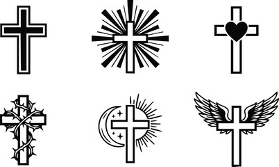 Fototapeta premium Black and white crosses with heart thorns moon rays and wings vector line art set