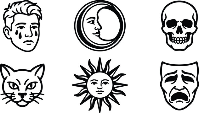 Black and white line art crying man moon skull cat sun and sad mask icons