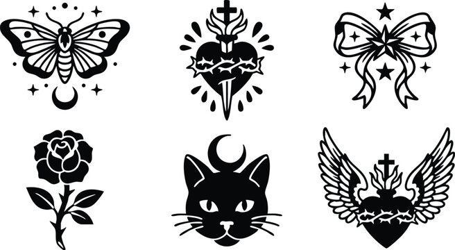 Black and white sacred heart winged cat butterfly rose bow vector art