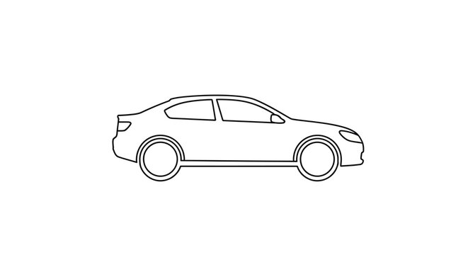 Simple line art drawing of a sedan car, generic vehicle outline icon, side view transportation illustration for web or app design.