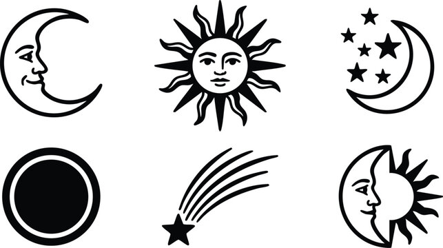 Black and white celestial icons sun moon stars and comet line art vector