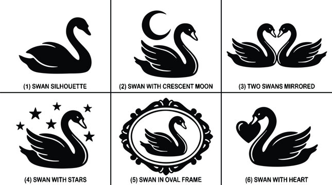 Black swan silhouette with crescent moon heart stars and oval frame set vector art
