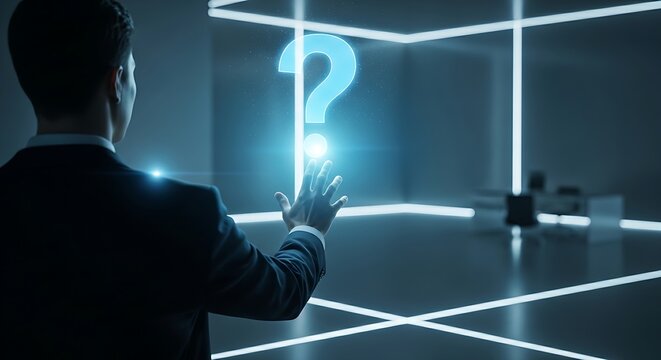 Problem solving and inquiry concept. An anonymous professional, seen from behind, reaches out to a large, glowing question mark hologram.