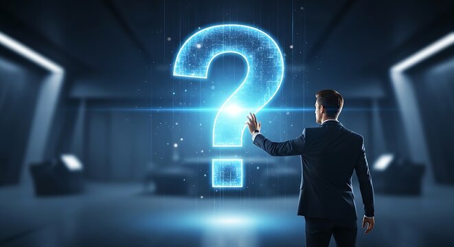 Problem solving and inquiry concept. An anonymous professional, seen from behind, reaches out to a large, glowing question mark hologram.