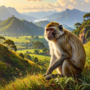 A primate sits on a grassy hill overlooking a valley