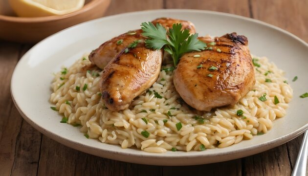 honey garlic chicken orzo on a plate