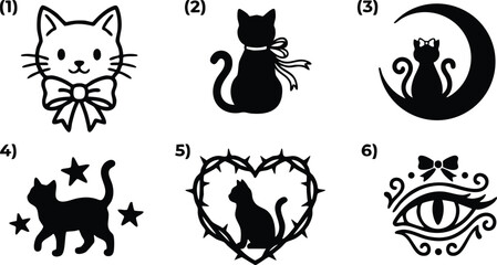 Obraz premium Black cat silhouettes with bows crescent moon heart thorn and decorative eye vector art