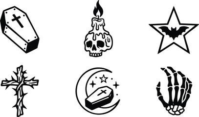 Naklejka premium Black and white gothic coffin day of the dead skeleton hand candle and bat icons set