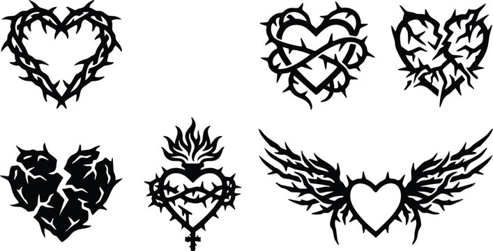 Black tribal thorn heart vector art collection with wings and flame