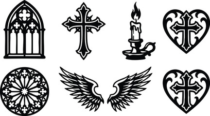 Fototapeta premium Black and white gothic cross hearts candle wings and stained glass window vector art