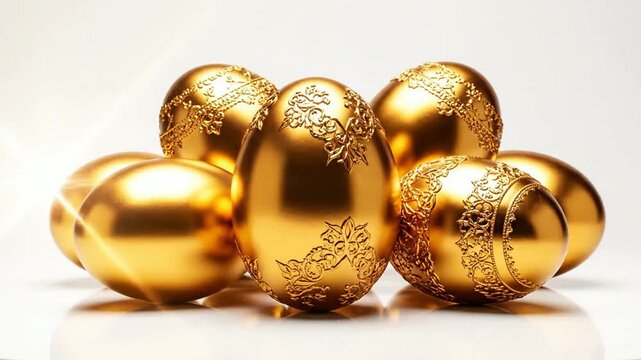 Golden Easter Eggs on White Background.