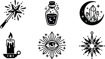 Naklejka premium Black and white mystic magic wand potion candle and crystal moon vector art