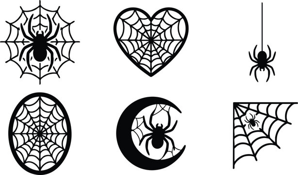 Black spider web shapes with spiders in heart moon oval and corner