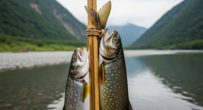 Freshly caught fish on a stick, with a serene lake and majestic mountains in the background, showcasing a successful fishing trip in nature.