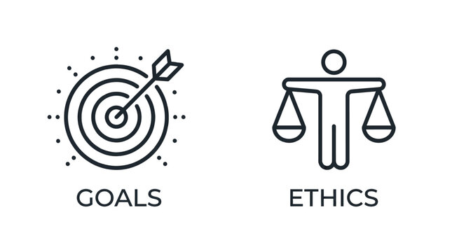 Business Ethics Goals Vector Icons, Line Style, Black, Corporate Values, Target, Scales