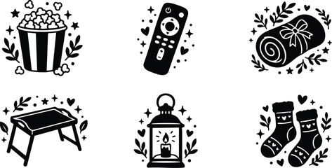 Fototapeta premium Black and white cozy night vector art with popcorn remote blanket socks and candle