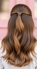 Naklejka premium Elegant Half-Up Hairstyle with Flowing Wavy Brown Hair.