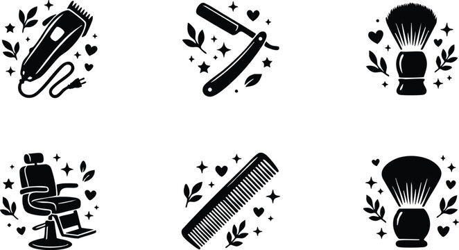 Black and white barber tools clipart including clipper razor brush chair and comb