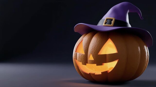 3D cartoon Halloween pumpkin wearing a cute witch hat placed on the right side of a dark background