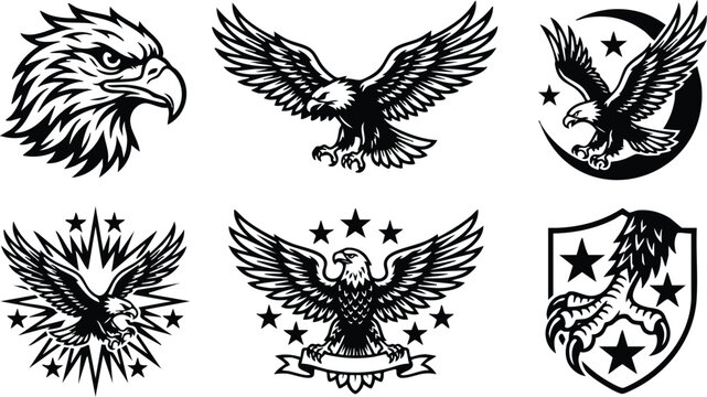 Flying bald eagles with stars and shield